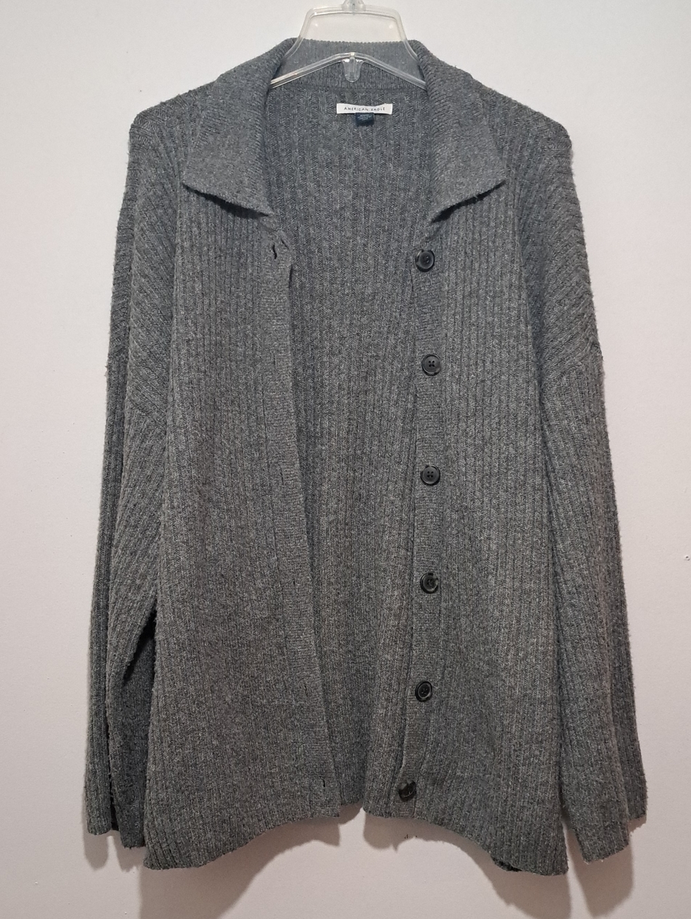 American Eagle Outfitters Gray Ribbed Button-Front Cardigan